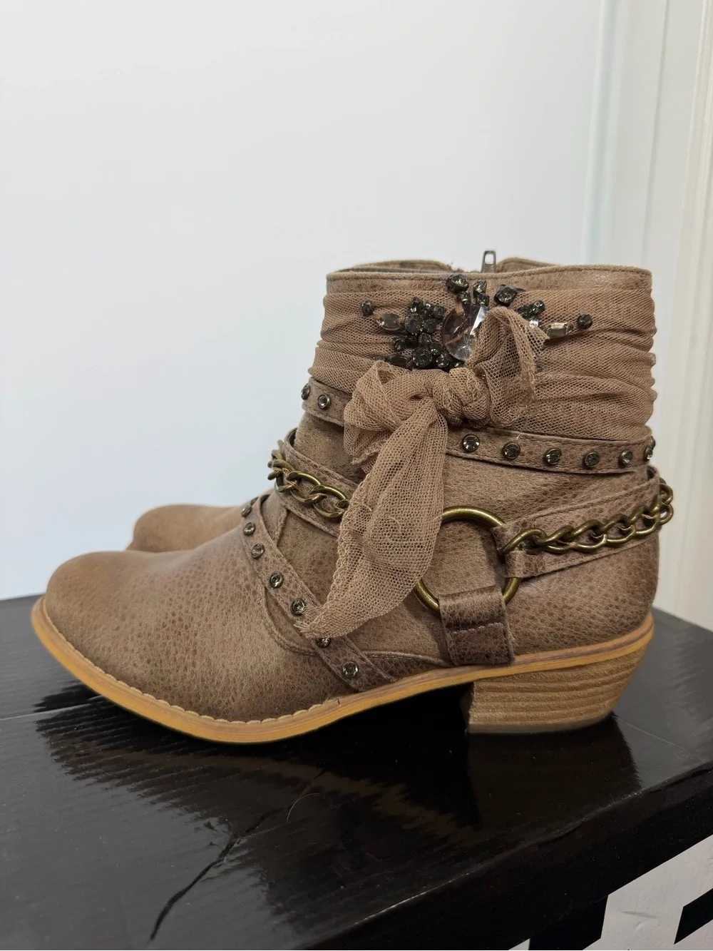 Not Rated Taupe Embellished Ankle Boots with Chain and Bow